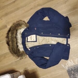 Y2K Hollister Faux Fur Hood Puffer Jacket Coat Soft Fleece Line Size Medium Blue